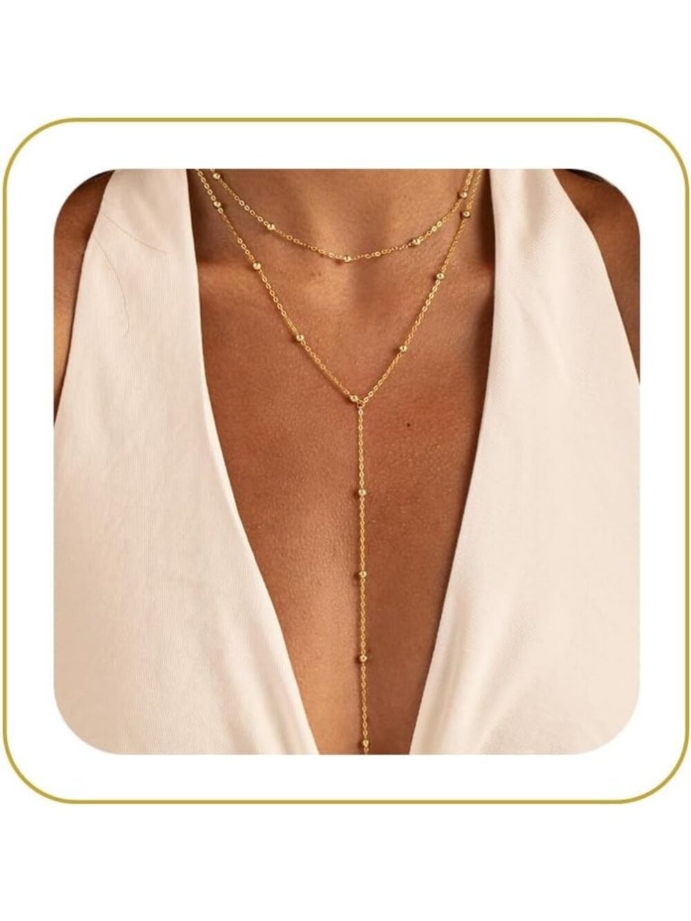 Women Layered Bead YNecklace Non Tarnish Chunky 14k Gold Plated Layered Necklace
